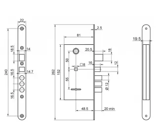 Замок врезной с защелкой и ручками Рязань ЗВ9-8.3/15 88012 правый