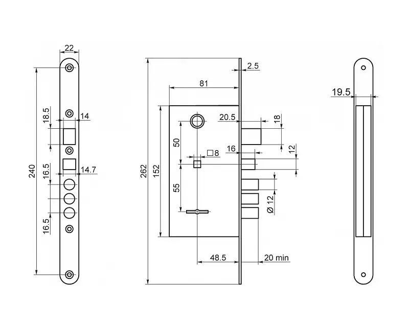 Замок врезной с защелкой и ручками Рязань ЗВ9-8.3/15 88012 правый