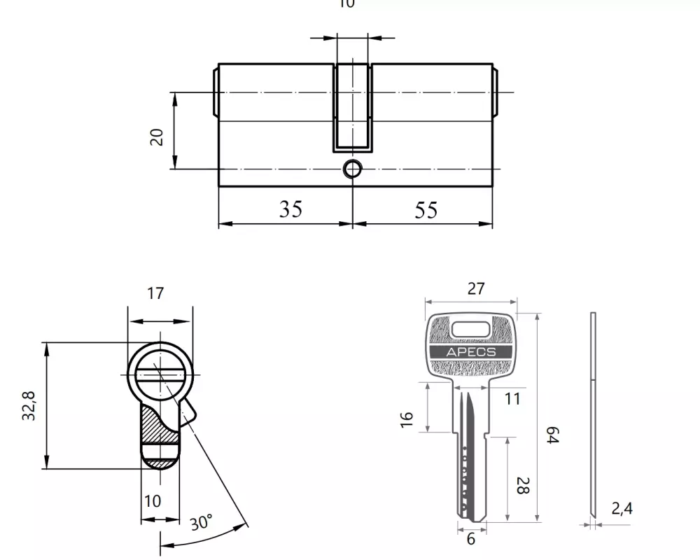 Цилиндровый механизм Apecs SM-90(35/55) никель