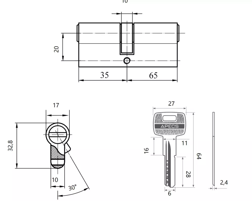 Цилиндровый механизм Apecs SM-100(35/65) никель